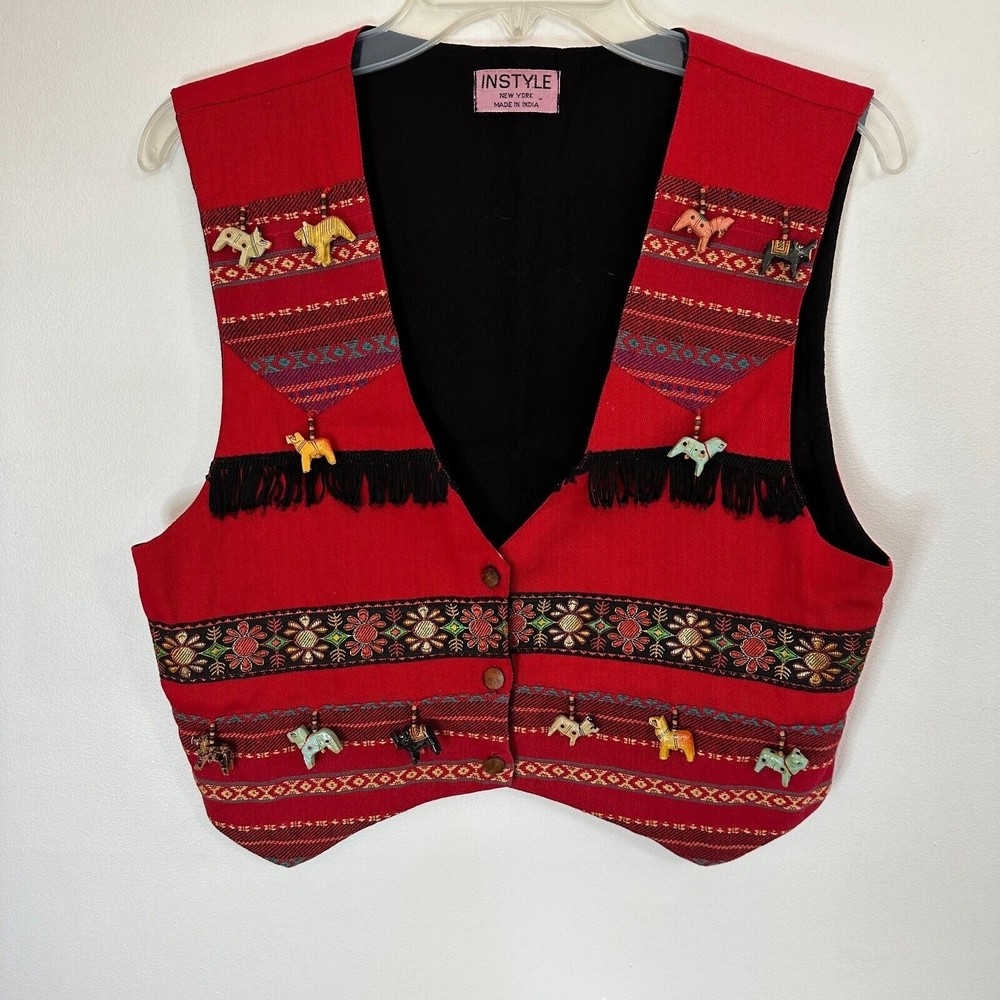 VTG Instyle New York Women's Vest Red Southwestern Animal Beads Size Small